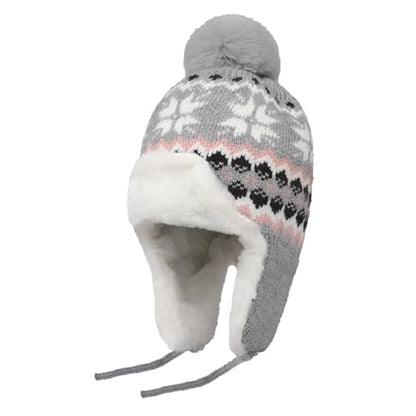 IPENNY Women's Winter Faux Fur Lined Trapper Hat, Warm Knitted Beanie with Pom Pom & Earflaps, Warm Ski Cap for Cold Weather - color: Grey