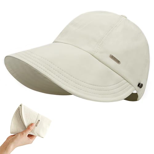 UPF 50+Womens Sun Hat UV Protection Hiking Fishing Hats Wide Brim Hat Adjustable Ponytail Packable Sun Cap - color: Beige
