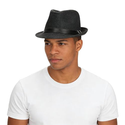 Straw Fedora Hat for Men Women Short Brim Trilby Hat Packable Roll Up Panama Jazz Cap Summer Beach Sun Cap - color: Black