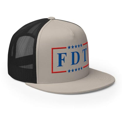 NX FDT Embroidered Flat Bill Trucker Hat High Crown Adjustable FDT Hat - color: Silver/ Black