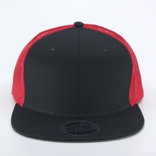 Plain Cotton Twill Flat Brim Mesh Adjustable Snapback Trucker Baseball Cap - color: Black/Black/Red