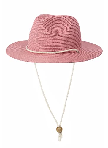 Women Straw Fedora Hat Summer Panama Beach Sun Hats UV UPF50+ Cap - color: Pink