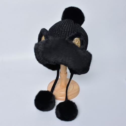 Outdoor Warm Earflap Beanie Hat with Brim Baseball Slouchy Knitted Visor Skull Caps for Women Men Black - color: Black