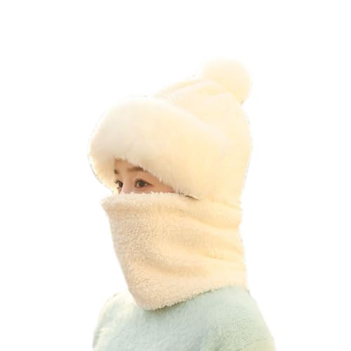 One-Piece Hat Womens Winter Warm Elastic Soft Ear Protection Knitted Scarf Mask Hat Fleece Lined Beanie Hat - color: H-white