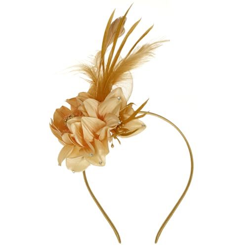 Pistha Fascinators Hats for Women, Fascinators Headband Pearl Mesh Feather Headpiece for Wedding Cocktail Tea Party Accessory - color: Gold