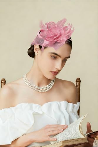 BABEYOND Fascinator Hats for Women Linen Flower Feather Tea Party Derby Hat - color: Pink