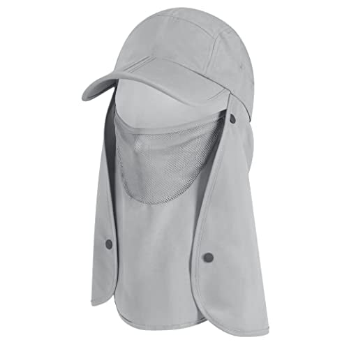 SUN CUBE Fishing Sun Hat with Neck Flap & Face Cover, Wide Brim UPF50+ Cap - color: Light Grey