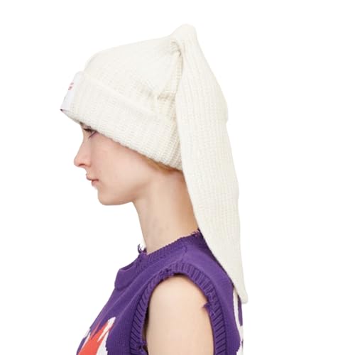 Knitted Beanie Hat Cute Rabbit Long Ears Fun Caps Fluffy Winter Warm Knitted Rabbit Hats Outdoor Slotty Cap - color: Whitew