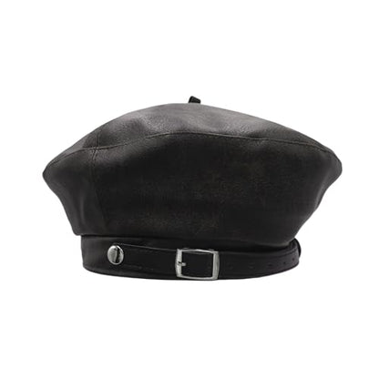 MINGSEECESS Women PU Leather French Black Beret Hat Causal Beanie Hat - color: Belt-brown
