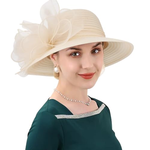DRESHOW Lady Derby Dress Church Bowler Cloche Hat Bowknot Organza Bridal Cap for Wedding - color: 1 Pack Bowler Hat: Beige