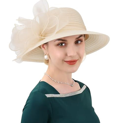 DRESHOW Lady Derby Dress Church Bowler Cloche Hat Bowknot Organza Bridal Cap for Wedding - color: 1 Pack Bowler Hat: Beige