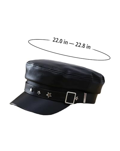 BOLLEY JOSS Womens Fashion Newsboy Cap Faux Leather Bakerboy Hat Stars Buckle Beret Paperboy Fiddler Captain Sailor Hats - color: Black
