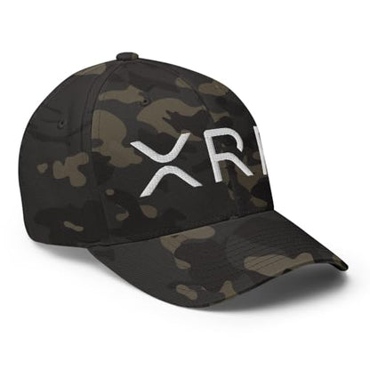 FX XRP Crypto Fitted Hat Embroidered Curved Bill Mid Crown Closed-Back Structured Twill Cap - color: Multicam Black, size: Small-Medium