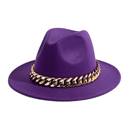 Men & Women Wide Brim Fedora Hat with Chain Buckle - color: Chain Belt-purple