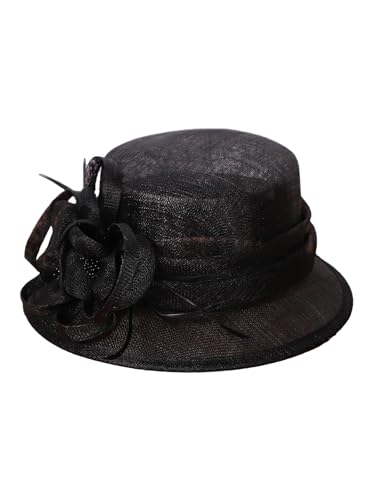 HIMESPORT Retro Sinamay Veil Flower Bride Wedding Fascinator Hat Feather Bowler Hat Hair Accessory Banquet Cocktail Party - color: Black 1