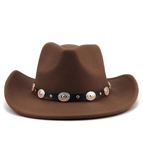 DRESHOW Women Men Classic Felt Wide Brim Western Cowboy & Cowgirl Cap Belt Buckle Retro Panama Hat Unisex Rolled up Caps - color: 1 Pack: Coffee (Hat Circumference: 22-22.8")