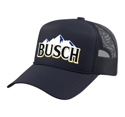 Busch Beer Mountains Logo Tee Trucker Hat with Adjustable Mesh Back - color: Navy Blue