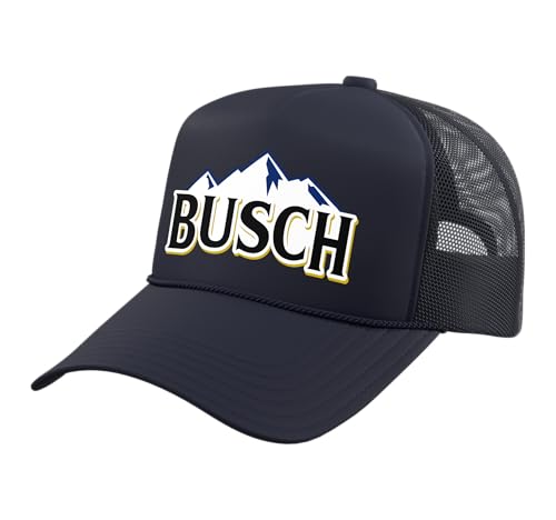 Busch Beer Mountains Logo Tee Trucker Hat with Adjustable Mesh Back - color: Navy Blue