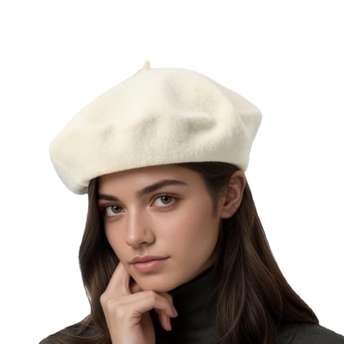 French Beret Hats for Women - Classic Wool Beret Hats Soft Knit Winter Cloche for Daily Outfits - color: White