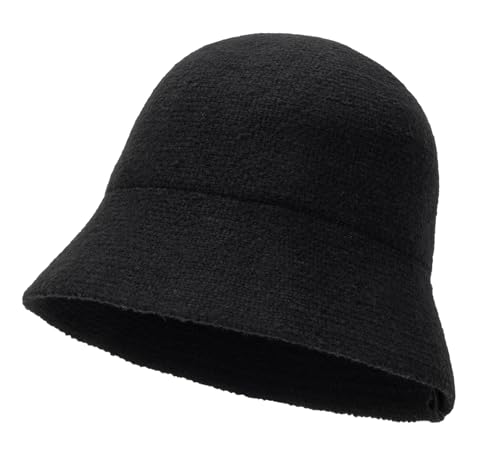 Women Winter Knit Bucket Hat - Black Vintage Warm Beanie Fashion Cloche Hat - color: Black10