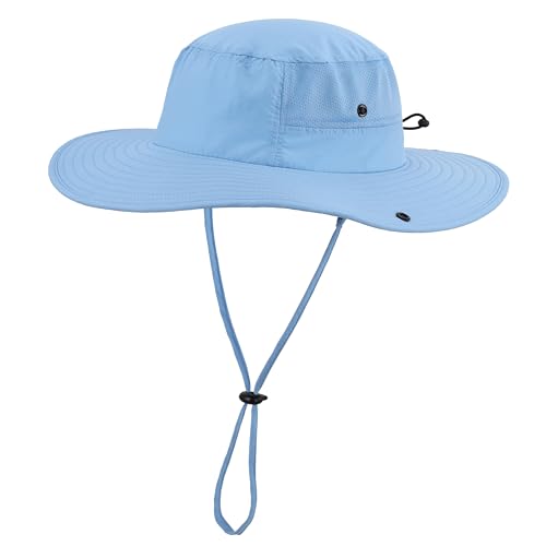 Home Prefer UPF50+ Mens Sun Hat Wide Brim Womens UV Protection Beach Bucket Hat for Fishing Hiking Snap Up Cowboy Hat - color: Light Blue