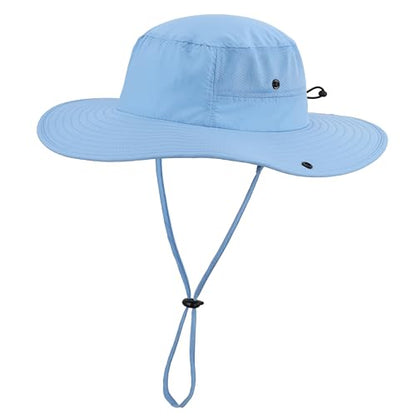 Home Prefer UPF50+ Mens Sun Hat Wide Brim Womens UV Protection Beach Bucket Hat for Fishing Hiking Snap Up Cowboy Hat - color: Light Blue
