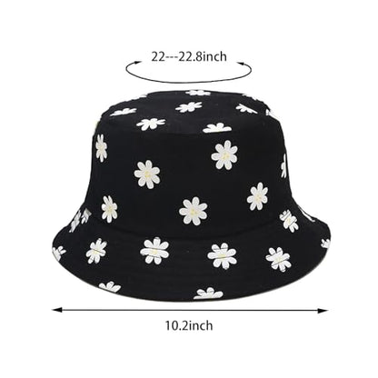 Bucket Hat for Women Men, Cotton Reversible Double Side Wear Sun Hats Beach Fisherman Hat - color: Flower Black