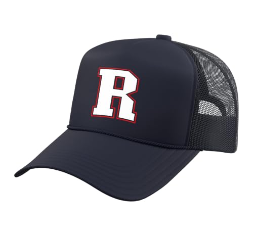 Initial R Monogram R Letter R Capital Alphabet Trucker Hat with Adjustable Mesh Back - color: Navy Blue