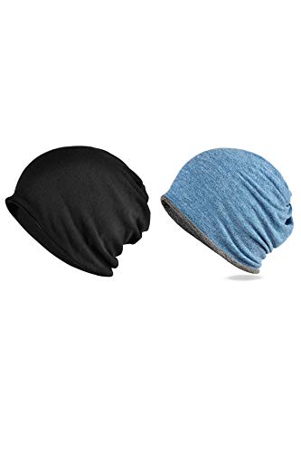 Jeelow Cotton Slouchy Open Top Beanie Hat 2 Pack - color: Black+sky Blue Grey