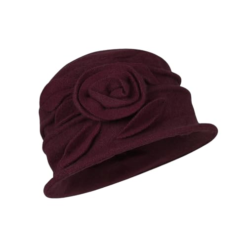 Wool Cloche Bucket Hat for Women 1920s Floral Bowler Cap Elegant Church Dress Cap Winter Warm Fedora Hat - color: Wine Red