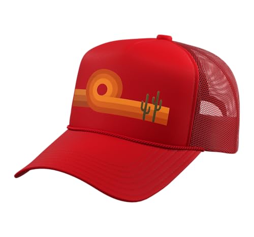 Retro Desert Sunset, Vintage Southwest Cactus Landscape Trucker Hat with Adjustable Mesh Back - color: Red
