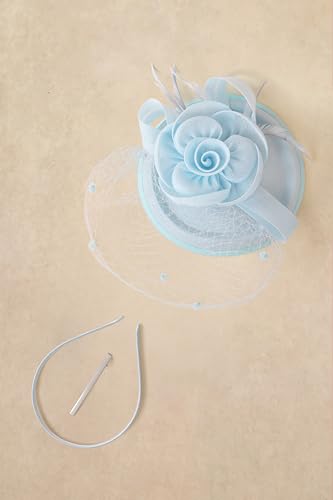 BABEYOND Fascinators Hats for Women Flower Veil Feather Pillbox Derby Hat - color: Light Blue