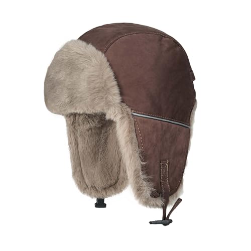 CLAPE Winter Trapper Hat with Ear Flaps, Warm Faux Fur Lined Windproof Snow Cap Aviator Hat with Reflective Strap - color: Pl2509-brown