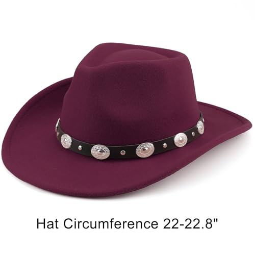 DRESHOW Women Men Classic Felt Wide Brim Western Cowboy & Cowgirl Cap Belt Buckle Retro Panama Hat Unisex Rolled up Caps - color: 1 Pack Style 1: Burgundy (Hat Circumference: 22-22.8")