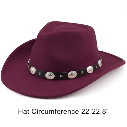 DRESHOW Women Men Classic Felt Wide Brim Western Cowboy & Cowgirl Cap Belt Buckle Retro Panama Hat Unisex Rolled up Caps - color: 1 Pack Style 1: Burgundy (Hat Circumference: 22-22.8")