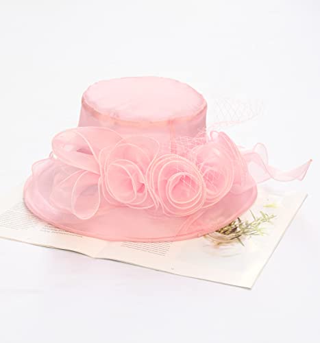 Women Derby Fascinator Hat Organza Church Wedding Hats Wide Brim Cocktail Tea Party Hat - color: 12 Elegant Pink