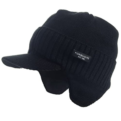 Ruphedy Mens Beanie with Brim Winter Hat Knitted Thick Fleece Visor Beanie - color: B323-black