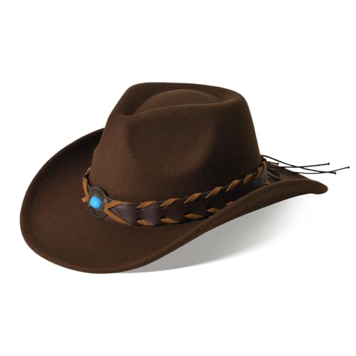 Classic Western Cowboy Hat Cowgirl Hat Unisex Men's & Women's Wide Brim Felt Fedora Hat Flat Top with Buckle Belt - color: Brown 2#, size: 7-7 1/4