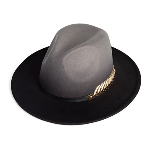 Women Gradient Color Fedora Wide Brim Felt Hat - color: Grey/Black