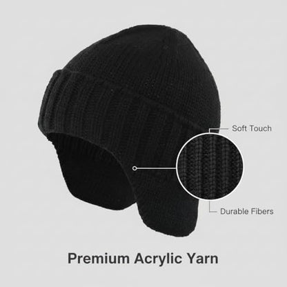 Home Prefer Mens Winter Hat Knit Earflap Hat Stocking Caps with Ears Beanie Hat - color: Black