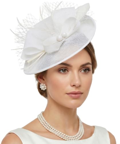 DRESHOW Fascinators Hats for Women Tea Party Hat Vintage Derby Pillbox Kentucky Hat Church Cocktail Headwear - color: 9.5" Diameter / White