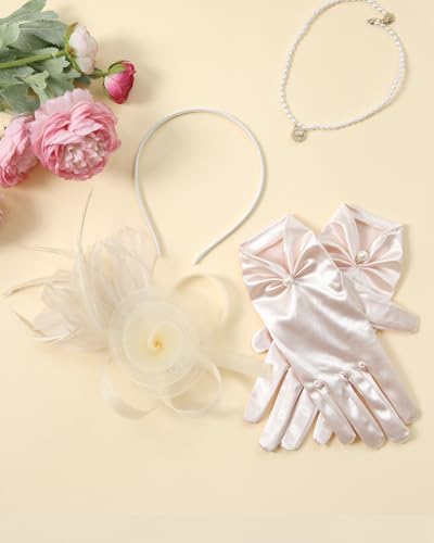 2Pcs 50s Fascinators Hats for Women Wedding Cocktail Flower Mesh Ribbons Feathers Church Tea Party Hats and Lace Glove - color: Champagne