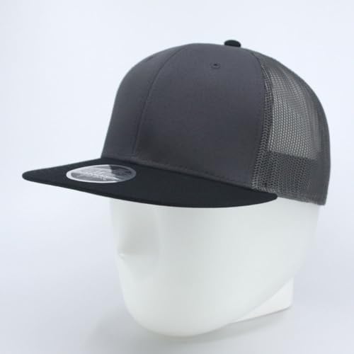Plain Cotton Twill Flat Brim Mesh Adjustable Snapback Trucker Baseball Cap - color: Black/Charcoal/Charcoal