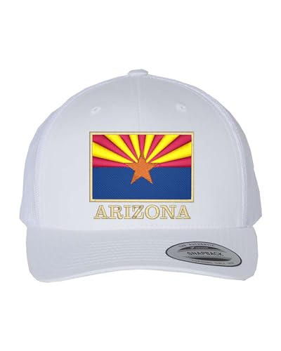 Go All Out Arizona Flag with Classy Gold Trim Arizona Pride Dad Deluxe Trucker Flatbill Baseball Structured Embroidered Hat - color: White