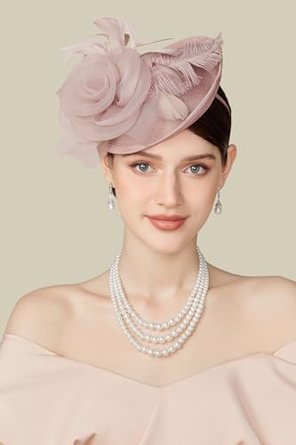 BABEYOND Fascinators Hats for Women Tea Party Mesh Flower Pillbox Derby Hat - color: Nude Pink