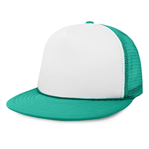 DALIX Flat Billed Trucker Hat Mesh Back S M L Adjustable Cap Solid Two Toned Snapback - color: Teal/White, size: One Size