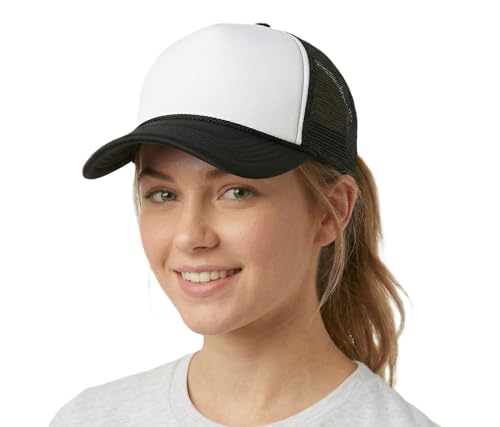 NYFASHION101 Plain Mesh Trucker Hat - Breathable 6-Panel Daily Snapback Cap, Customizable Ideal for DIY Embroidery & Patches - color: Black/White