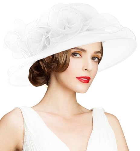 Women's Kentucky Derby Church Dress Hat Wide Brim Leaf Flower Bridal Shower Hat - color: A8 White