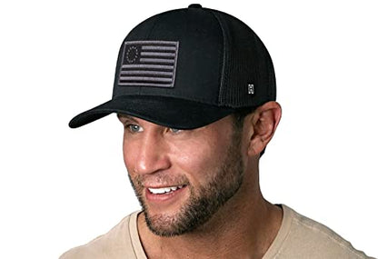 HAKA American Flag Hat | USA Mesh Trucker Snapback Comfort Baseball Cap - color: Black, style: Betsy Ross Flag Hat (Grey Stripes)