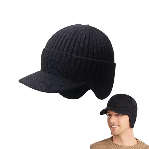 Unisex Cozy Head Beanie with Brim and Ear Flaps - color: Black